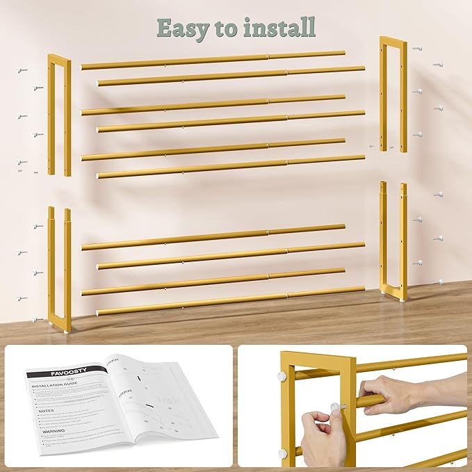 FAVOOSTY 5-Tier Expandable Shoe Rack, Adjustable Shoe Shelf Storage Organizer Space Saving Metal Free Standing Shoe Rack for Entryway Closet Doorway, Silver Grey (Gold, 5 Tier)