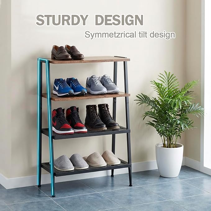 A-Shape Shoe Rack, 4-Tier Heavy-Duty Shoe Organizer with Wooden Top & Mesh Shelves, Space-Saving for Entryway, Bedroom, Hallway(25.28" H, Holds 8 Pairs, Rustic Brown)