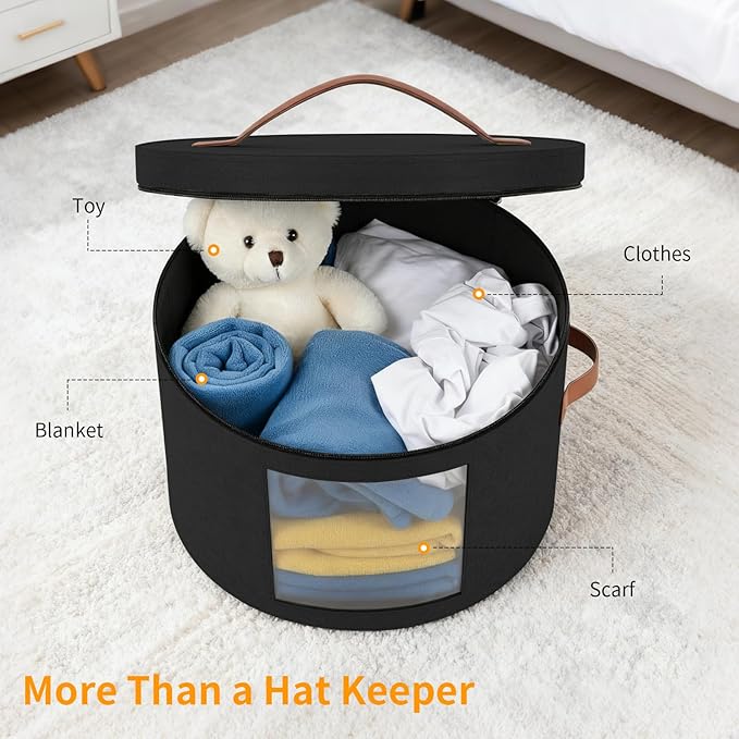 Samplife Hat Box,Hat Storage Box,Stackable Round Brim Hats Organizer Bag Container for Closet,Travel Hat Boxes for Women, Cowboy Hat Organizer, FoldableTravel Cap Boxes (02-Black, 16.5" D x 10.5" H)