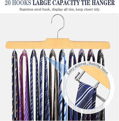 Tie Rack Hanger for Closet Fitnice Upgraded Non Slip Tie Holder Organizer Space Saving with 20 Foldable Hooks Wooden Belt Hanger for Tank Tops Bras Cami Scarves