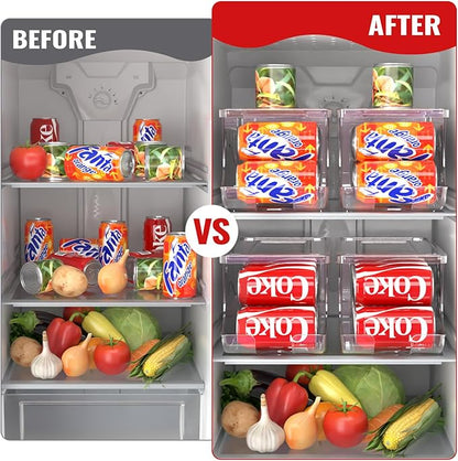 SCAVATA 4 Pack Stackable Refrigerator Organizer, Soda Can Dispenser Pop Cans Container Beverage Holder with Lid for Fridge, Freezer, Kitchen, Clear Plastic Storage Bins-Holds 10 Cans Each