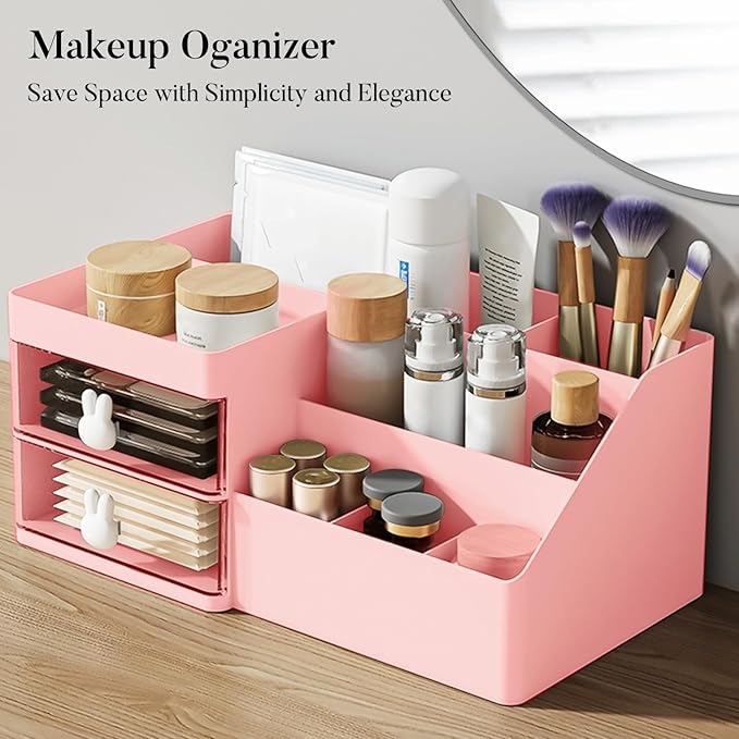 Makeup Organizer, Cosmetic Desk Storage Box with Drawers Skincare Organizers for Dressing Table, Countertop, Bathroom Counter, Vanity Holder for Brushes, Lotions, Lipstick, Perfume (Pink-Clear)