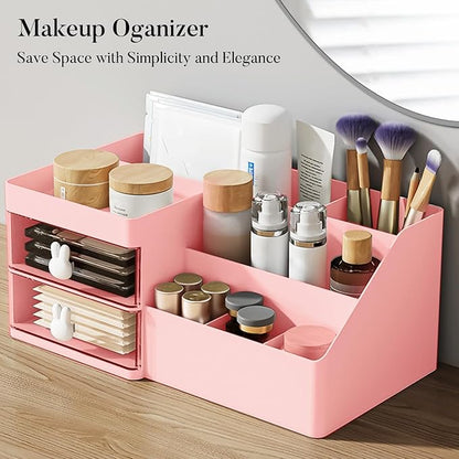 Makeup Organizer, Cosmetic Desk Storage Box with Drawers Skincare Organizers for Dressing Table, Countertop, Bathroom Counter, Vanity Holder for Brushes, Lotions, Lipstick, Perfume (Pink-Clear)