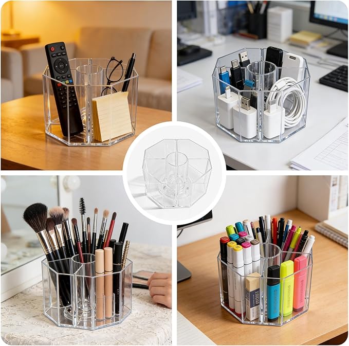 Acrylic Makeup Brush Holder, 360°Rotating Makeup Brush Organizer with 5 Grids, Clear Makeup Holder for Courtup, Bathroom Vanity Desktop Organizer (Rhombus)