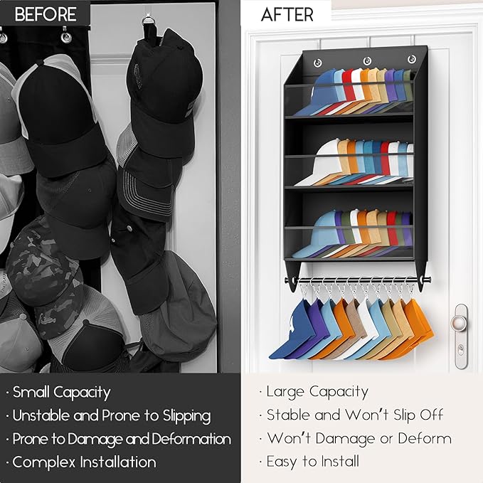 Homsorout Over the Door Hat Rack - 3-Layer Design Hat Organizer Holds 30-36 Hats with 10 Hooks, Ideal Hat Rack for Door, Over the Door Organizer for Closet, Apartment, Bedroom, Dorm, 1 Pack, Black