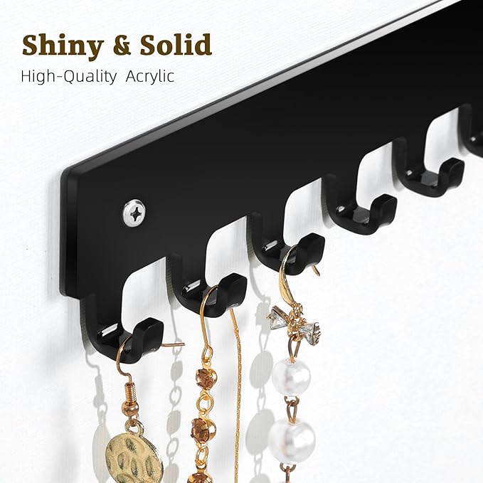 Acrylic Necklace Holder 2 Pack Wall Mounted Necklace Organizer Hanging Jewelry Organizer with 12 Hooks for Necklaces, Bracelets, Rings and Bangles Display Black