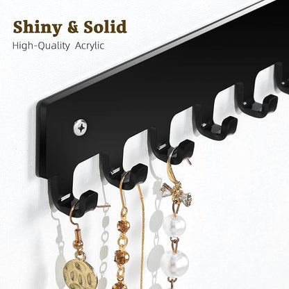 Acrylic Necklace Holder 2 Pack Wall Mounted Necklace Organizer Hanging Jewelry Organizer with 12 Hooks for Necklaces, Bracelets, Rings and Bangles Display Black