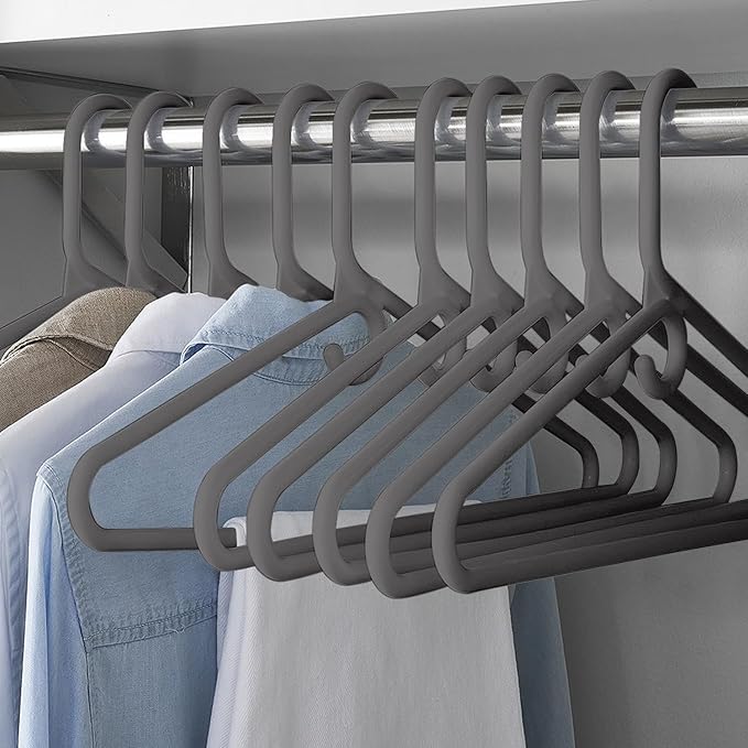 Clothes Hangers 10 Pack Plastic - Heavy Duty Space Saving Coat, Velvet Hangers, Pant Hangers for Closet Organization - Durable Non-Slip, Grey Wardrobe Essentials Bulk Storage