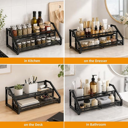 2 Tier Expandable Spice Rack Organizer for Kitchen，13.7"-23.6" Expandable Spice Organization Shelf,Metal Pantry Storage Shelves Racks,Space Saving for for Pantry, Counter top (Patent Pending)