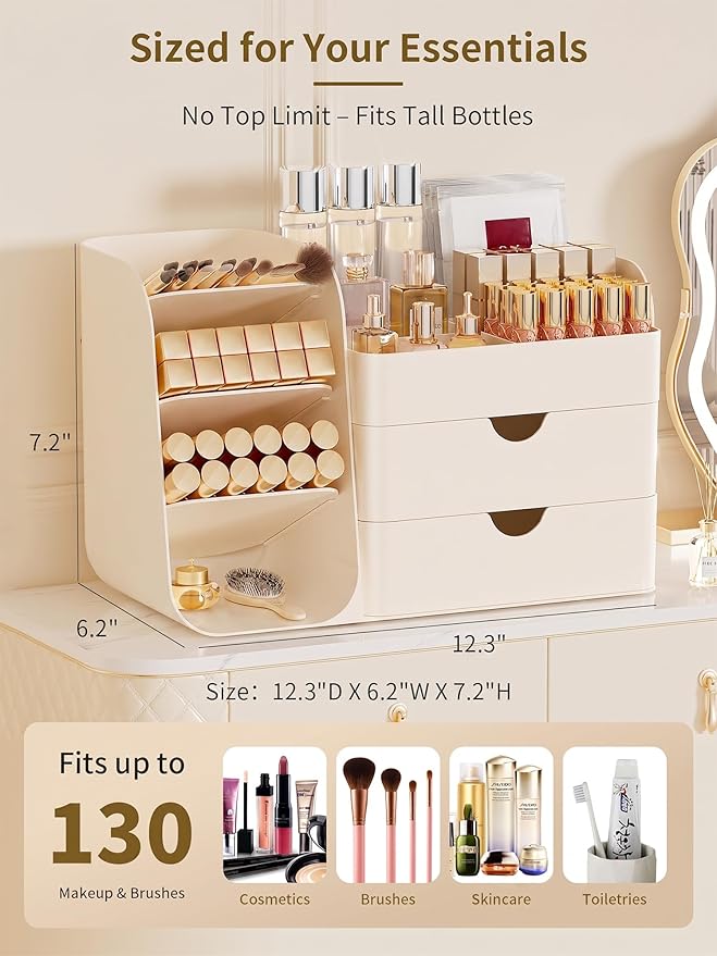 Booklov Makeup Organizer for Vanity, Countertop Cosmetic Display Case with Drawer, Bathroom Counter Beauty Caddy, Comfyroom Table Storage Holder for Skincare, Brush Eyeliner Eyeshadow Lipsticks, Creem