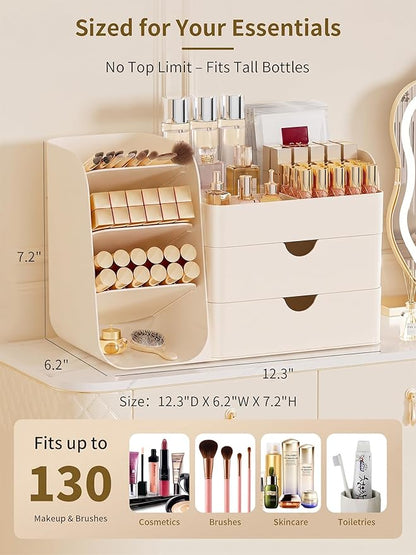Booklov Makeup Organizer for Vanity, Countertop Cosmetic Display Case with Drawer, Bathroom Counter Beauty Caddy, Comfyroom Table Storage Holder for Skincare, Brush Eyeliner Eyeshadow Lipsticks, Creem