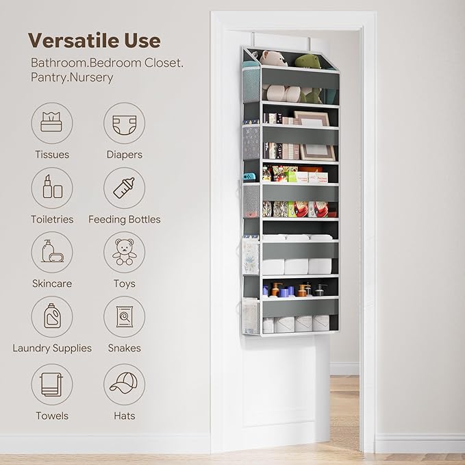 Simple Trending Over The Door Organizer with 10 Side Mesh Pockets, Hanging Storage Organizer with 5 Large Pockets, 50 lbs Weight Large Closet Organizer for Bedroom, Bathroom, Dark Grey