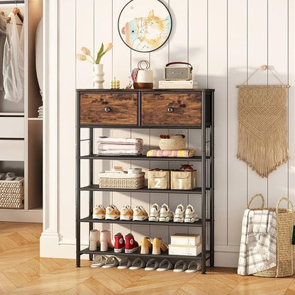 INGIORDAR Shoe Rack Organizer 5 Tier Metal Organizer Shelf with Industrial MDF Board and Layer Fabric for Entryway Closet Bedroom Living Room Garage (Black+Rustic Brown, 5 Tier with 2 Drawers)