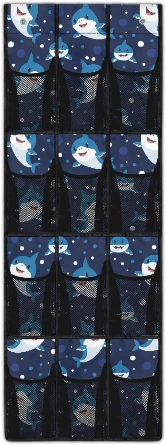 Door Organizer 12 Pockets Cute Sharks Over The Door Organizer for School Blue Multi-Pocket Organizer Easy to Install Multi-Funtion Storage Bag for Dorm
