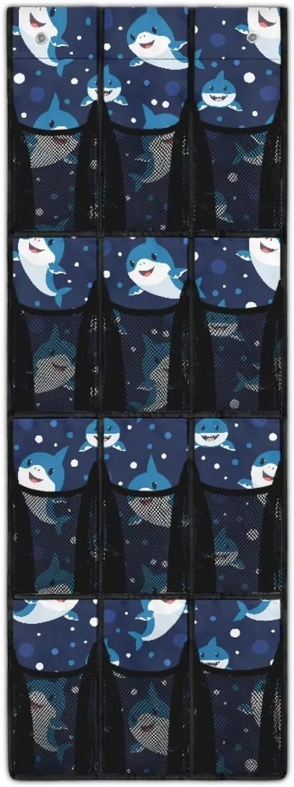 Door Organizer 12 Pockets Cute Sharks Over The Door Organizer for School Blue Multi-Pocket Organizer Easy to Install Multi-Funtion Storage Bag for Dorm