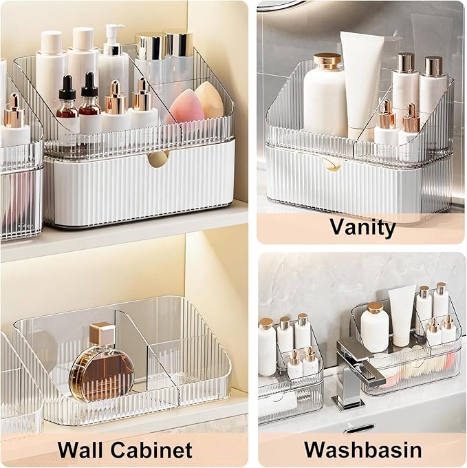 DASITON Makeup Organizer with Drawers, 2 Tier Stackable Organizer for Cosmetics, Skincare, Lipsticks, Makeup Brush, Acrylic Small Makeup Organizers for Vanity Bathroom Countertop Desk Storage (Clear)