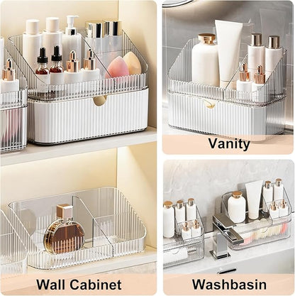 DASITON Makeup Organizer with Drawers, 2 Tier Stackable Organizer for Cosmetics, Skincare, Lipsticks, Makeup Brush, Acrylic Small Makeup Organizers for Vanity Bathroom Countertop Desk Storage (Clear)