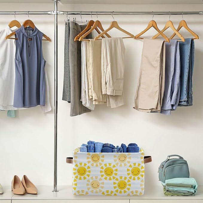 Cute Sunshine Storage Basket Bin, Large Cube Storage Box Canvas Collapsible Storage Organizer for Home Office Closet - 15 L x 11 W x 9.5 H