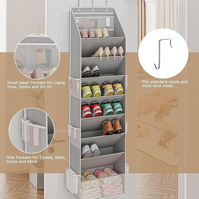 Over the Door Shoe Organizer, 8 Tier Hanging Shoe Rack with Large Pockets, Shoes Storage Rack Closet Shoes Holder for Sneakers Boots Heels Wall Dorm