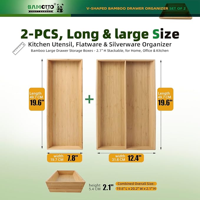 BAMOTTO CRAFTBAMBOO V-Shaped 2-Pack 19.6" Long Bamboo Drawer Organizer Box - Easy Reach Kitchen Utensil Flatware Silverware Cooking Tools Storage for Home Bedroom Bathroom (19.6"x12.4"/19.6"x7.8")