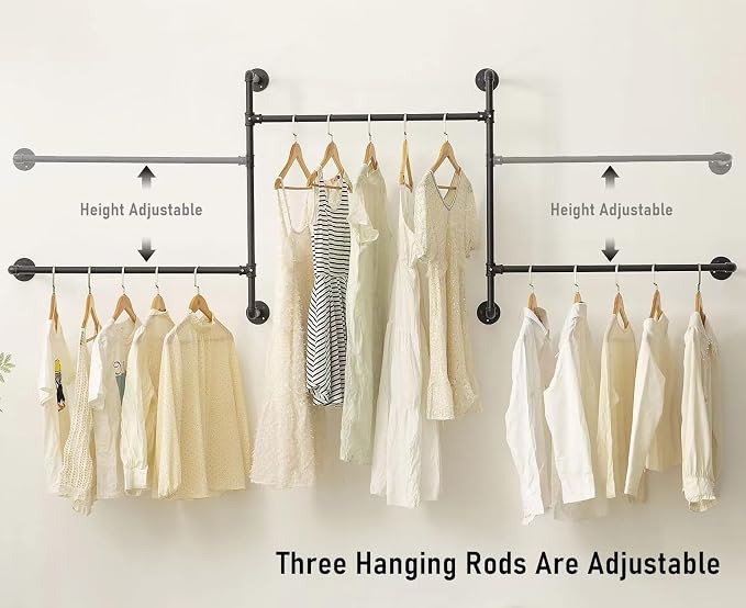 Industrial Pipe Clothing Rack Wall Garment Rack with Pipe Clothes Rails, Heavy Duty Clothes Hanging Rods Space-Saving Closet Organizer (Wall Clothing Rack-3 Hanging Rods)