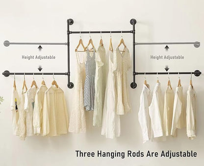 Industrial Pipe Clothing Rack Wall Garment Rack with Pipe Clothes Rails, Heavy Duty Clothes Hanging Rods Space-Saving Closet Organizer (Wall Clothing Rack-3 Hanging Rods)
