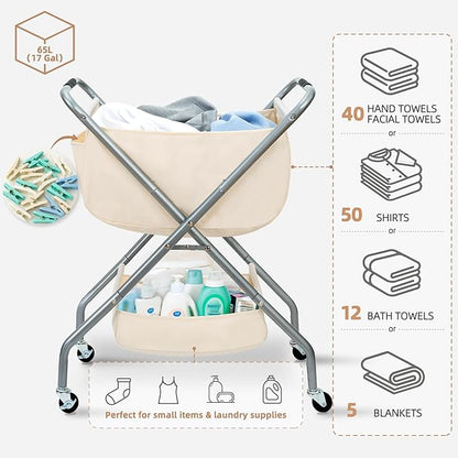 STORAGE MANIAC Collapsible Laundry Cart with Wheels 31.5"H Rolling Laundry Hamper Clothes Basket with Wheels, Canvas Liner Sturdy Steel Frame Folding for Small Narrow Space Easy Storage, Beige