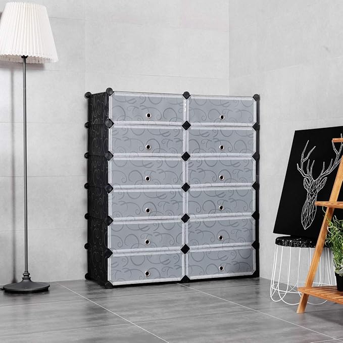 HAPPYGRILL Shoe Rack Organizer, 12-Cube Modular Plastic Shoes Storage Cabinet with 6-Tier Shoe Shelves & Transparent Doors, DIY Design, Freestanding Shoe Cabinet for 24 Pairs Shoes (Black)