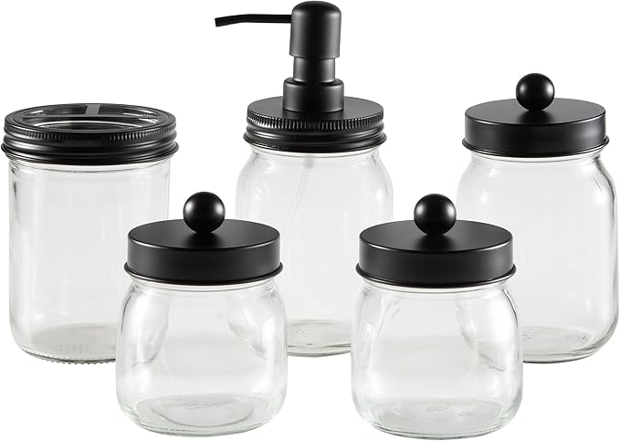 Mason Jar Bathroom Accessories Set – 5-Piece Bathroom Set with Toothbrush Holder, Soap Dispenser, Canister, and 2 Small Jars by Lavish Home (Black)