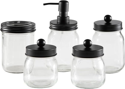 Mason Jar Bathroom Accessories Set – 5-Piece Bathroom Set with Toothbrush Holder, Soap Dispenser, Canister, and 2 Small Jars by Lavish Home (Black)