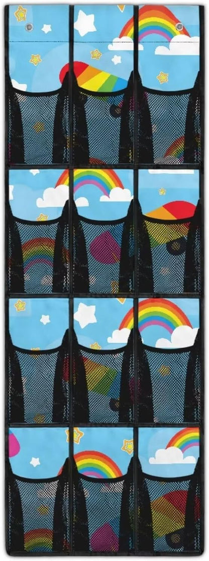 Large Capacity 12-Pocket Behind The Door Hanging Organizer, Oxford Fabric Waterproof Foldable Storage Bag for Bathroom Bedroom Pantry, Rainbow