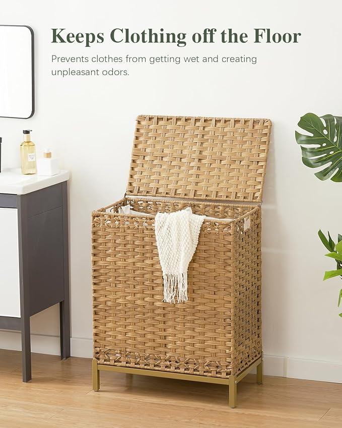 SETVSON Laundry Hamper with Lid, 112 L Handwoven Rattan Wicker Laundry Basket, 2 Removable Liner Bags Metal Heightened Feet, 6 Mesh Bags, 2 Section Large Clothes Hamper for Bathroom Bedroom, Natural