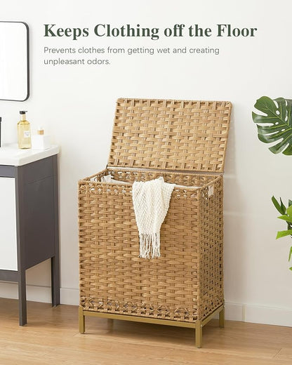 SETVSON Laundry Hamper with Lid, 112 L Handwoven Rattan Wicker Laundry Basket, 2 Removable Liner Bags Metal Heightened Feet, 6 Mesh Bags, 2 Section Large Clothes Hamper for Bathroom Bedroom, Natural