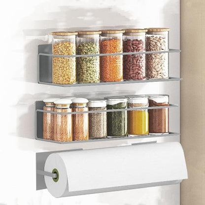 Magnetic Spice Rack For Refrigerator, Space Saving Magnetic Shelf For Fridge Grey 2 Pack With Magnetic Paper Towel Holder