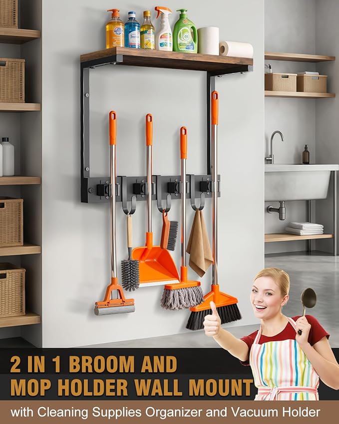 Supforce Broom Holder Wall Mount with Top Wooden Shelf, Heavy Duty Metal Cleaning Supplies Broom Hanger with 4 Slots & 3 Hooks for Laundry Garage Tool Storage Kitchen (Small)