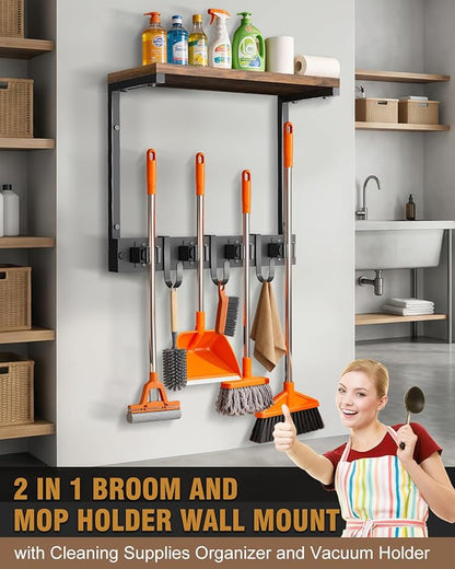 Supforce Broom Holder Wall Mount with Top Wooden Shelf, Heavy Duty Metal Cleaning Supplies Broom Hanger with 4 Slots & 3 Hooks for Laundry Garage Tool Storage Kitchen (Small)