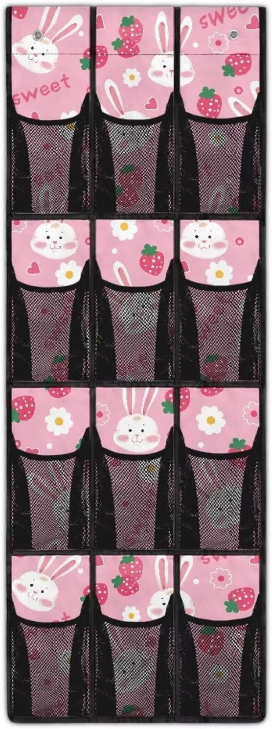 Pink Over The Door Shoe Organizer 12 Pockets Wall Hanging Storage for Living Room Rabbit Door Hanger Organizer Mesh Fabric Flower Shoe Holder Hanger for Kindergarten
