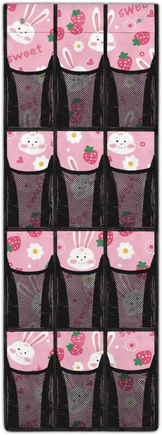 Pink Over The Door Shoe Organizer 12 Pockets Wall Hanging Storage for Living Room Rabbit Door Hanger Organizer Mesh Fabric Flower Shoe Holder Hanger for Kindergarten