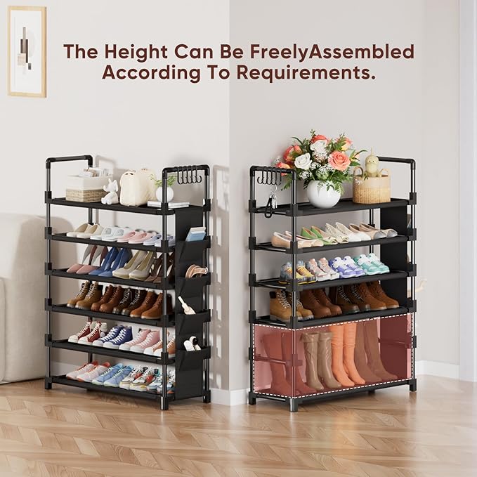 Mavivegue 6 Tier Shoe Rack for 25-30 Pairs of Shoes,Metal Shoe Rack with Hook and Side Pocket for Closet,Entryway,Hallway,Dorm (6 Tier with Hook)