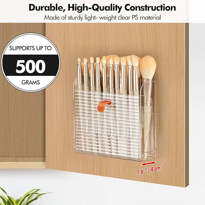 Poeland Wall-Mounted Makeup Brush Holder, Self-Adhesive Fip-Open Vanity Organizer for Bathroom Medicine Cabinet, Make Up Brush, Eyeliner, Lip Liner, Eyebrow Pen Storage