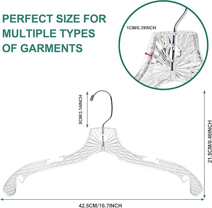 Quality Hangers 12 Pack Crystal Clear Plastic Hangers with Easy Swivel 360 Degree Hook Slim Crystal Coat Hangers 17 Inches (12, 17")