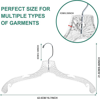 Quality Hangers 24 Pack Clear Plastic Hangers with Super Easy 360 Degree Swivel Hook – Shirt Hangers with Precision Notches for Secure Hanging – Slim Crystal Coat Hangers – 17 Inches (24, 17")