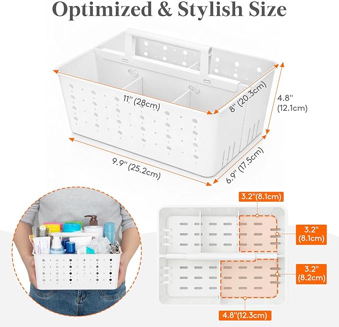 Lifewit Shower Caddy Portable, Cleaning Supplies Caddy Organizer with Handle and Adjustable Dividers, Plastic Shower Basket for Dorm Room Essentials, College, Bathroom, White, 2 Packs