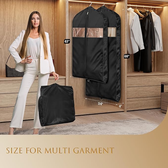 Univivi Super Soft Satin Garment Bags for Hanging Clothes, 60 Inch Zippered Dress Cover with Gussets, Breathable & Non-smell for Dresses, Coats, Jackets, Shirts, 2 Pack - Black