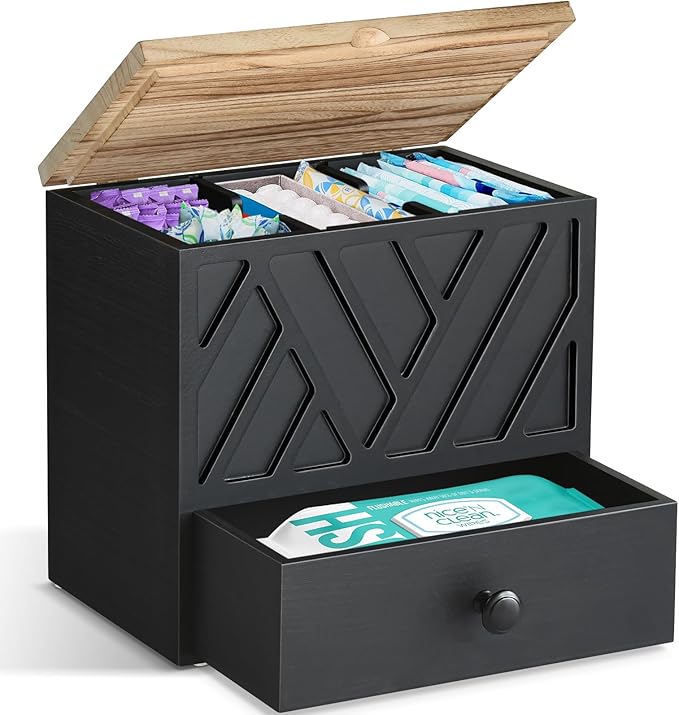 Tampon Holder for Bathroom Decor, Feminine Product Organizer with Lid and Drawer, Shark Week Tampon Storage, Wood Pad and Tampons Organizer for Toilet Storage, Bathroom Accessories Box for Girl Stuff