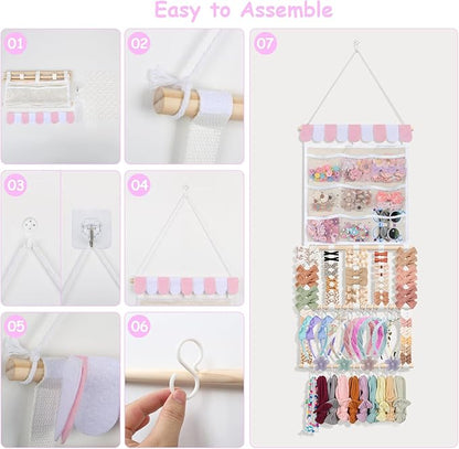 New Upgraded Bow Organizer for Girls, Headband Holder w/ 9 Mesh Pockets,Hair Bow Holder Clip Organizer, Wall Hair Accessories Organizer for Baby Girl Nursery Decor(32x15inch,Beige Pink)