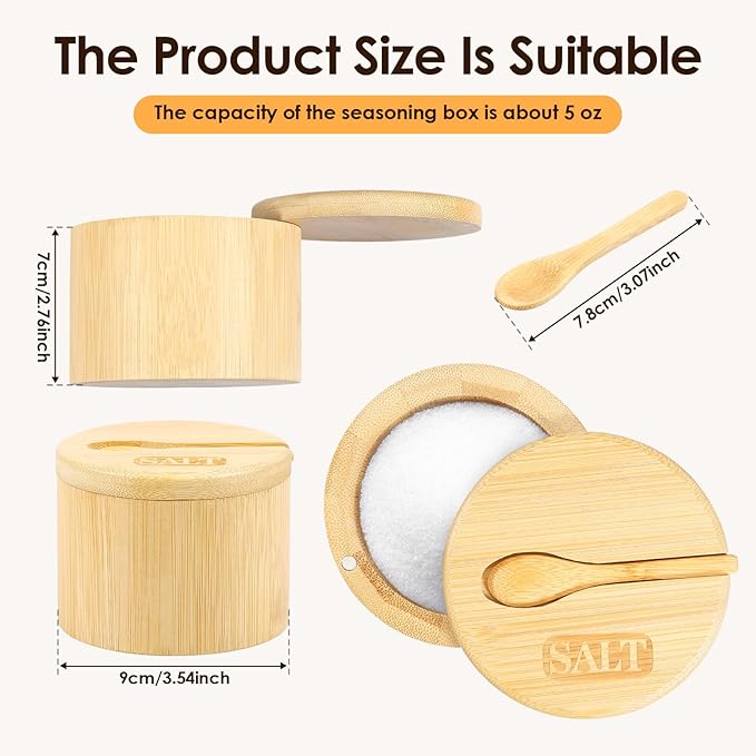 2 Layers Acacia Wood Salt and Pepper Bowl Salt and Pepper Storage Box Salt Container Salt Keeper with Built in Spoon and Magnetic Swivel Lid Dustproof Salt Holder for Kitchen Serving (Wood D)
