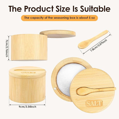 2 Layers Acacia Wood Salt and Pepper Bowl Salt and Pepper Storage Box Salt Container Salt Keeper with Built in Spoon and Magnetic Swivel Lid Dustproof Salt Holder for Kitchen Serving (Wood D)