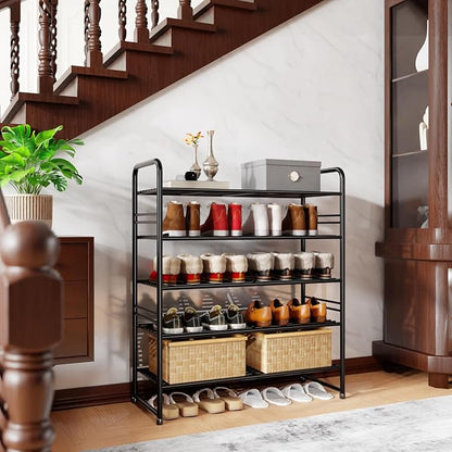 SUFAUY 33" Wide Shoe Rack, 5-Tier Shoe Storage Rack for 24-30 Pairs of Shoes, Shoe Organizer for Entryway, Stackable, Heavy Duty, Steel Frame, Industrial, Black