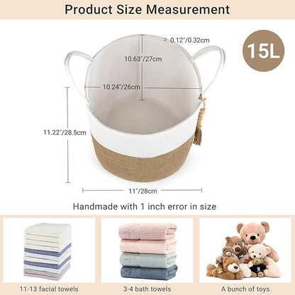 Mkono Woven Storage Basket Decorative Rope Basket Wooden Bead Decoration for Blankets,Toys,Clothes,Shoes,Plant Organizer Bin with Handles Living Room Home Decor, 11" W × 11" L, Cream White and Brown